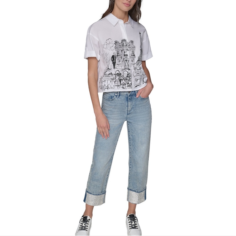 KARL LAGERFELD PARIS Cotton Crop Paris Scene Button-Front Top - Picture 2 of 10